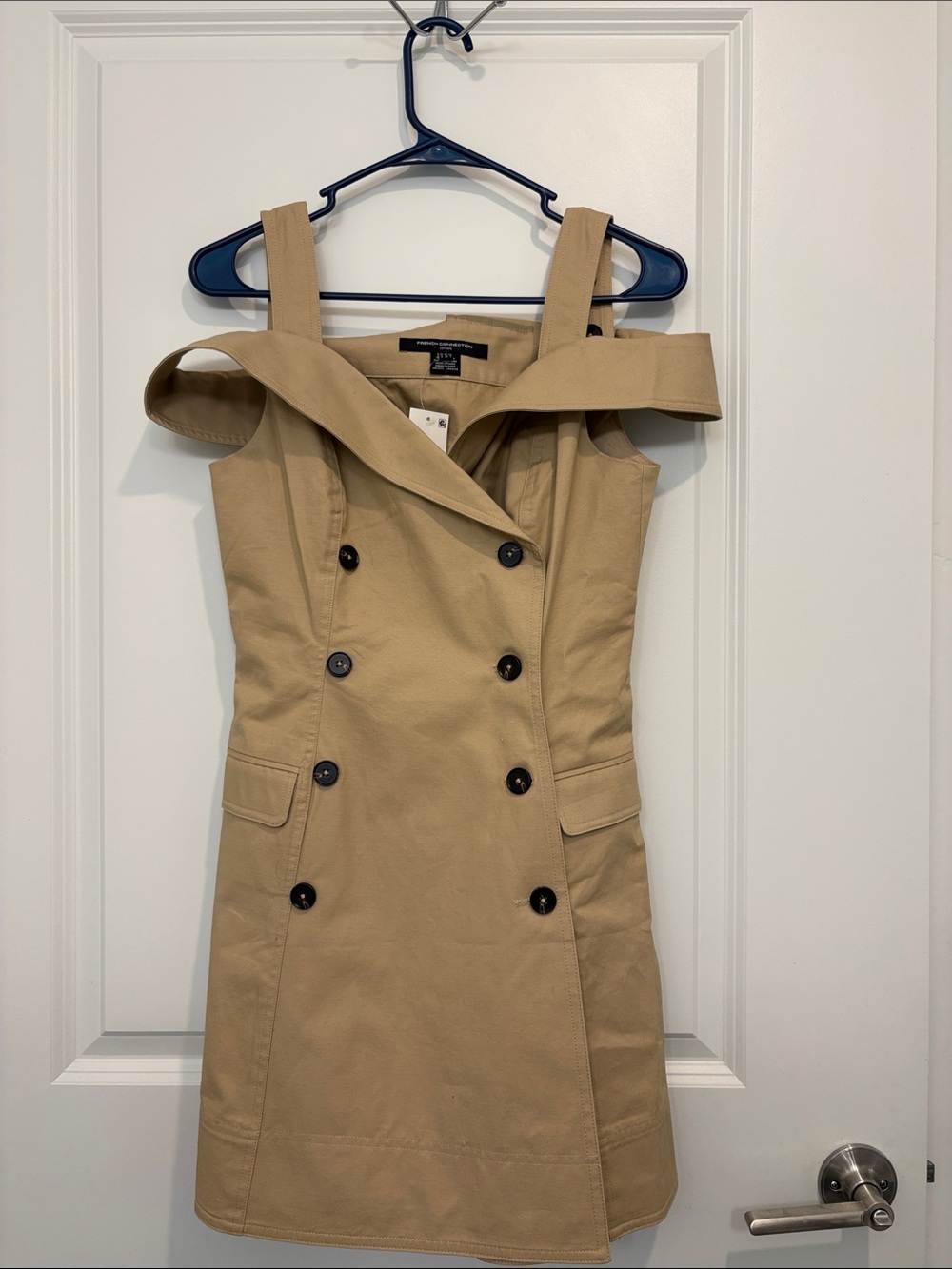 Beige Off-Shoulder Double-Breasted Trench Dress